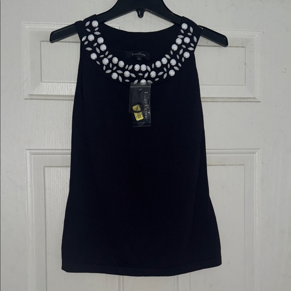 Evan Picone Navy Top with White Embellishments NWT